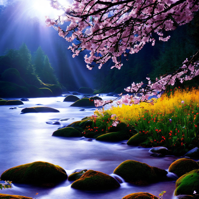 Cherry Blossoms Over Serene River with Wildflowers