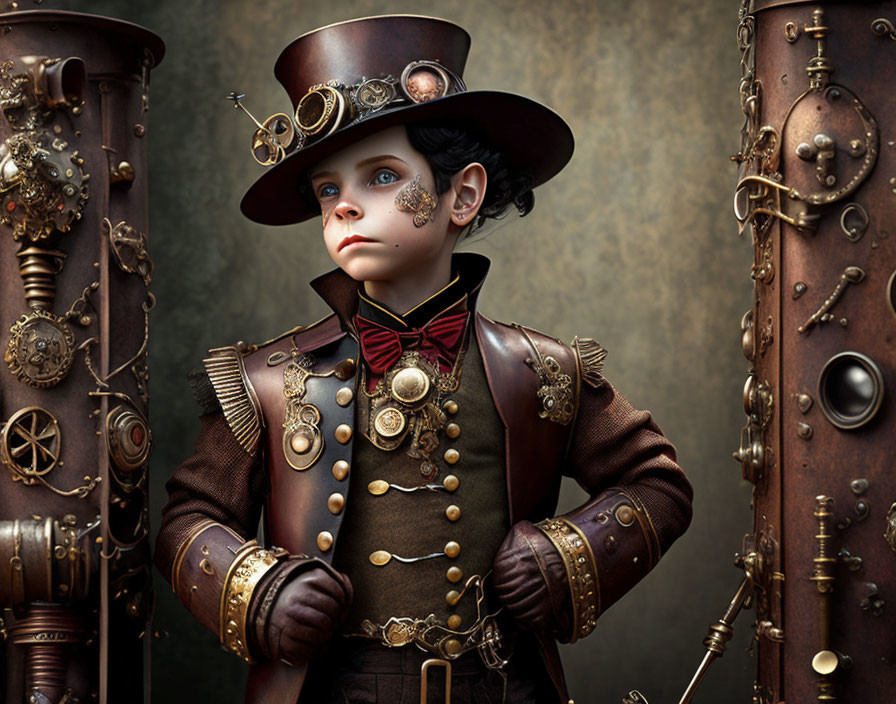 Young child in steampunk outfit with top hat and goggles against industrial backdrop