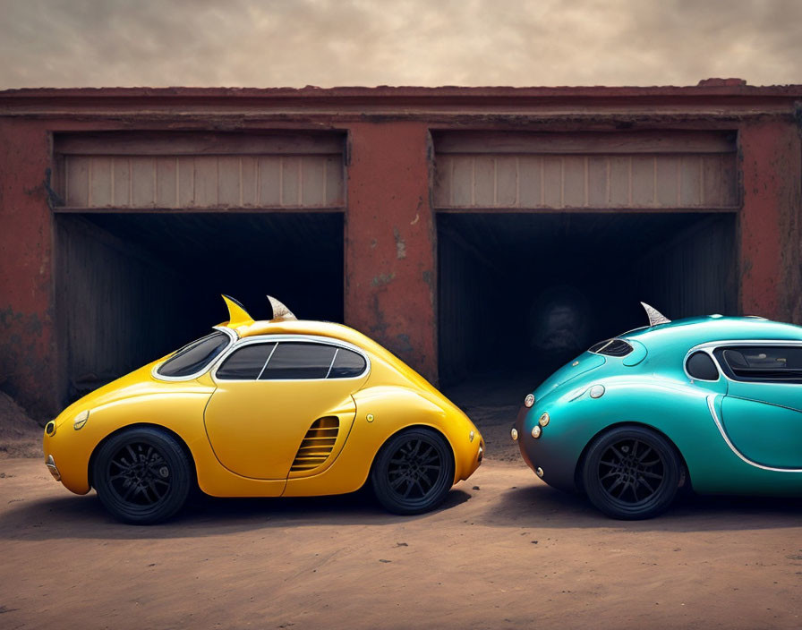 Two Volkswagen Beetles with shark fins and gills in front of rustic garage doors