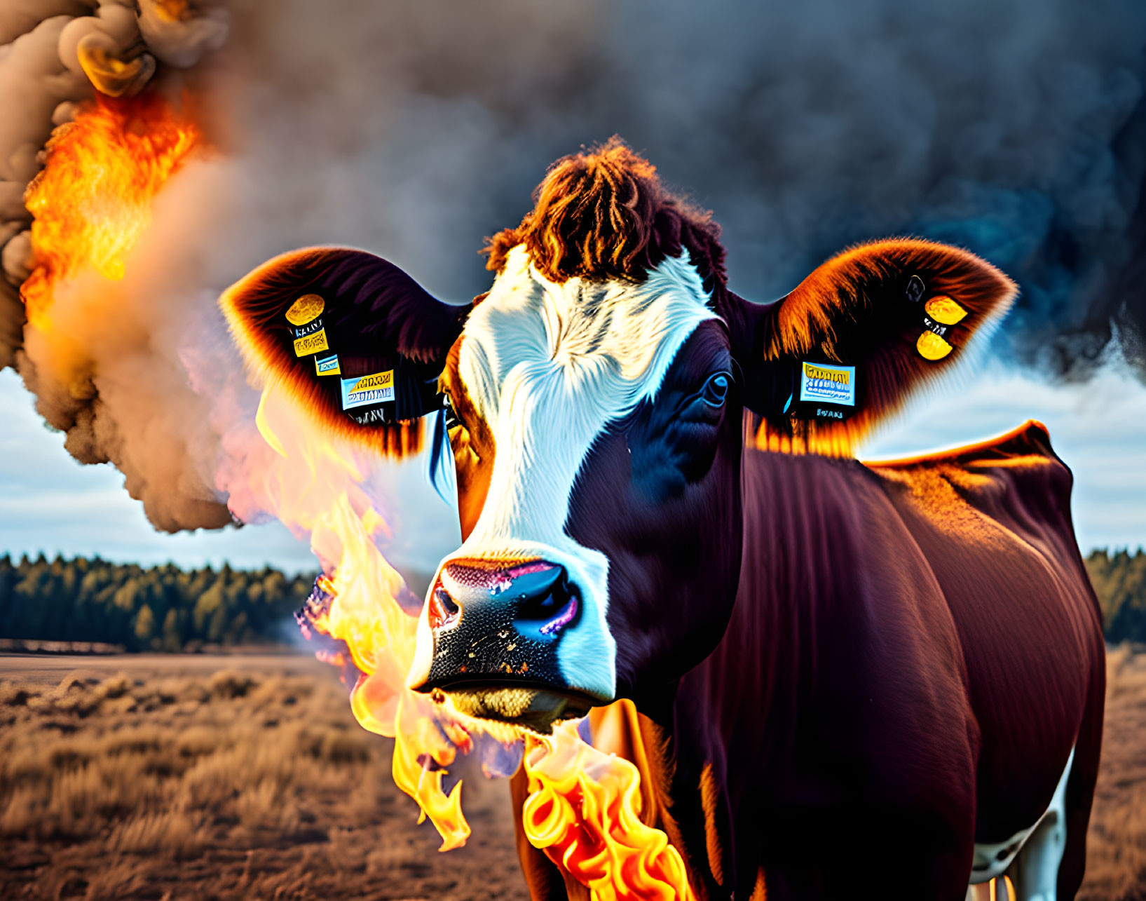 Cow breathing fire with smoke in field at dusk