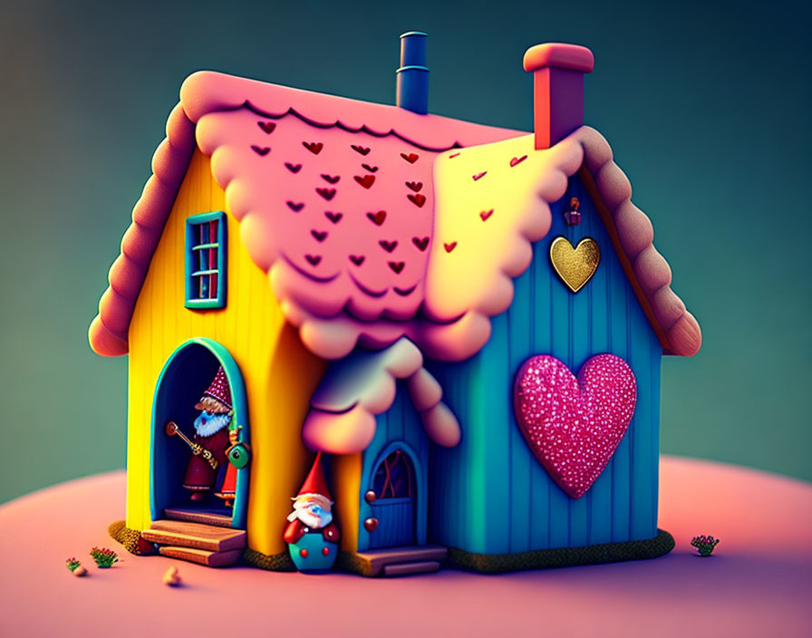 Whimsical house illustration with heart motifs and snowman