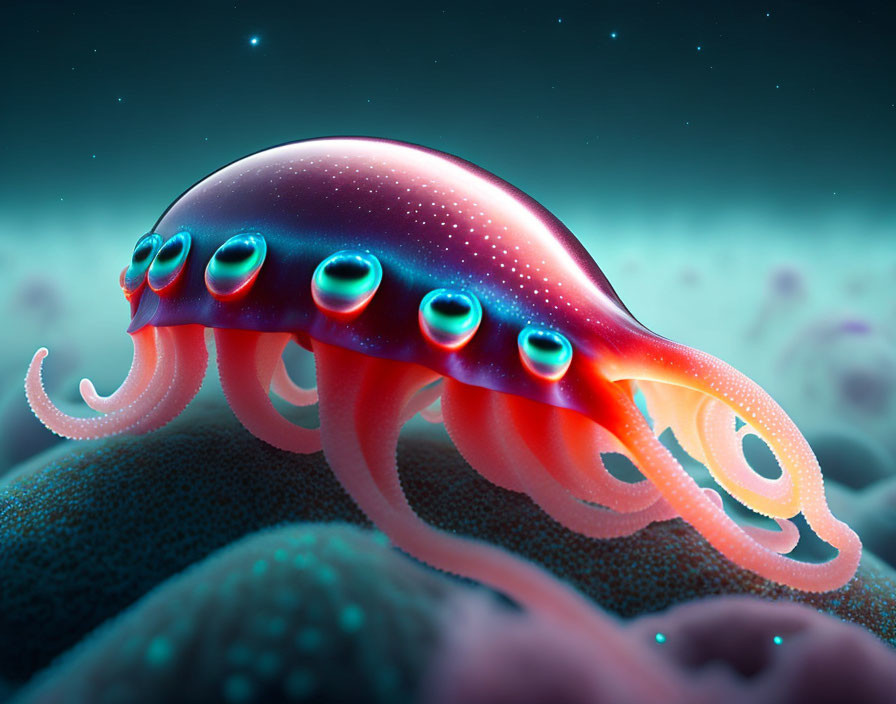 Colorful Digital Illustration of Galaxy-themed Jellyfish in Underwater Scene