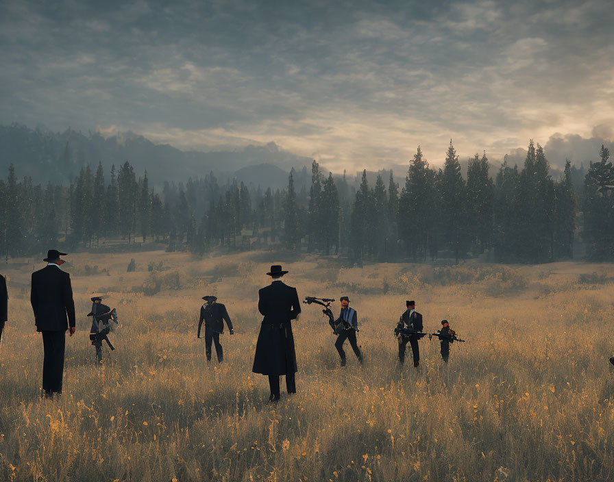 Armed cowboys in misty field with tall grass & forest at dawn or dusk