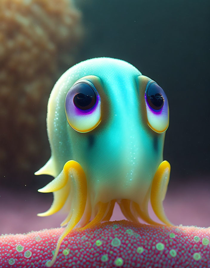 Colorful Cartoonish Octopus with Purple Eyes and Yellow Tentacles on Pink Surface