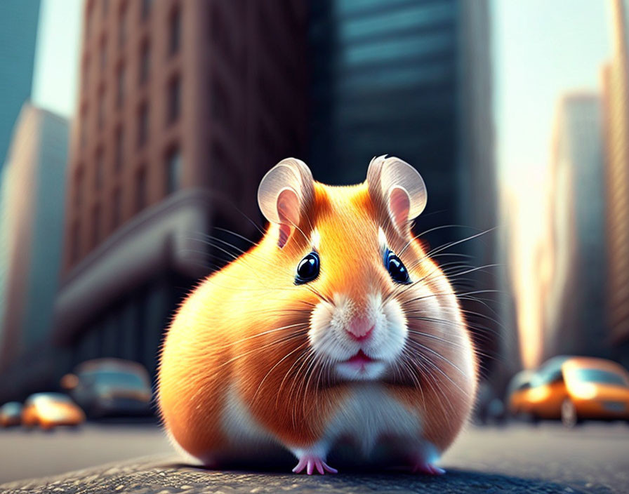 Giant animated hamster in city street with tall buildings and yellow taxis