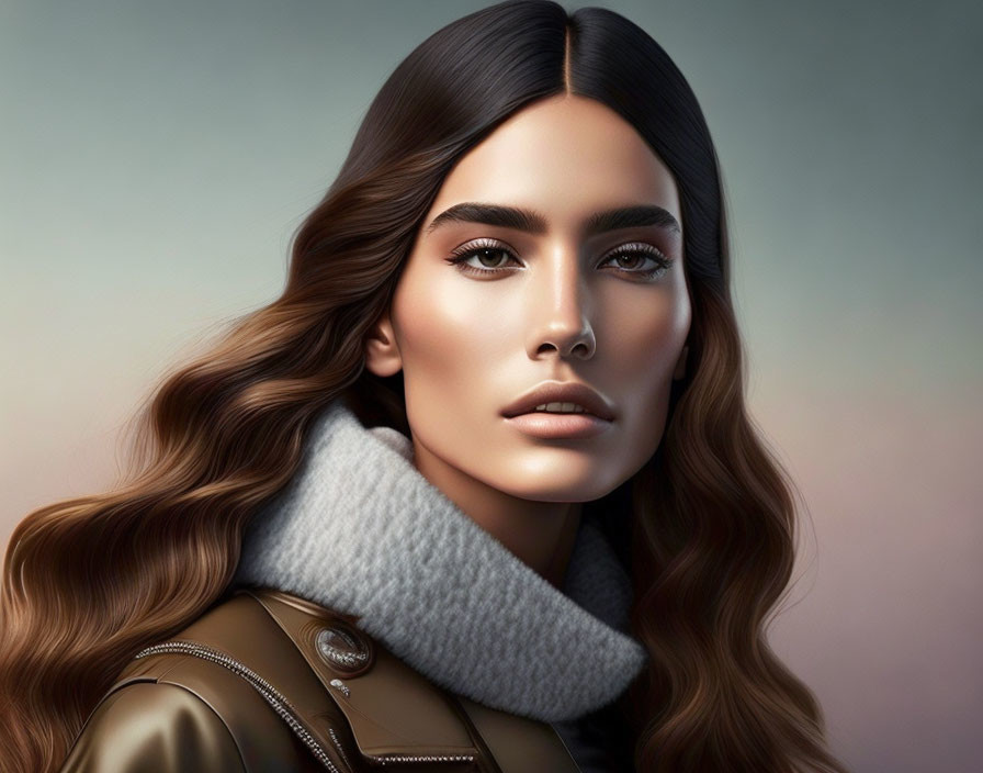 Portrait of a woman with long brown hair, turtleneck, and leather jacket