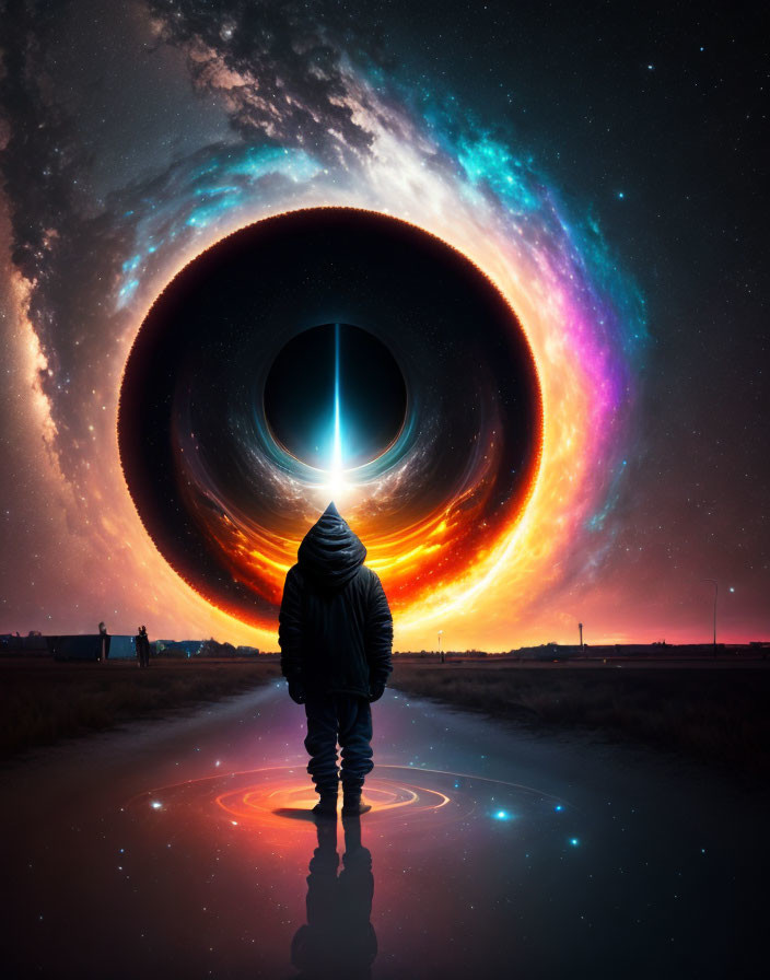 Person in winter jacket facing vibrant cosmic black hole with swirling colors.