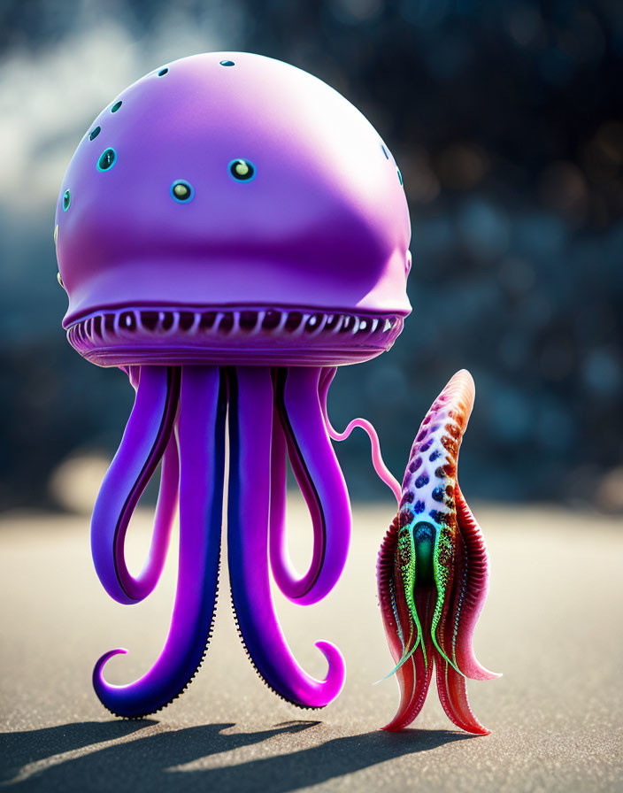 Colorful 3D illustration of purple jellyfish and sea creature with green spots.