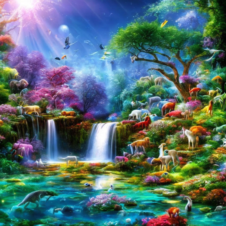 Luminous jungle scene with waterfall and diverse wildlife