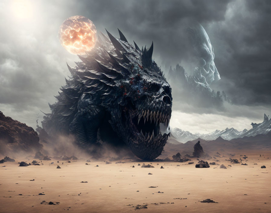 Enormous dragon in barren scenery with fiery moon, ghostly figures, stormy mountains