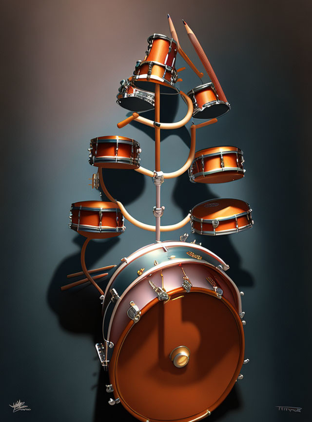 Digitally-rendered stylized drum kit in spiral arrangement on gradient background