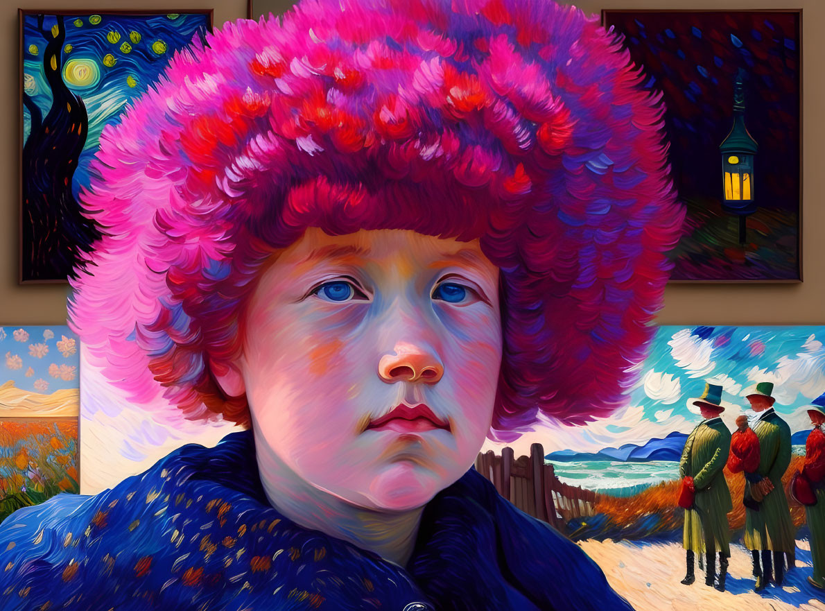 Colorful textured hat child in Van Gogh-inspired backdrop.