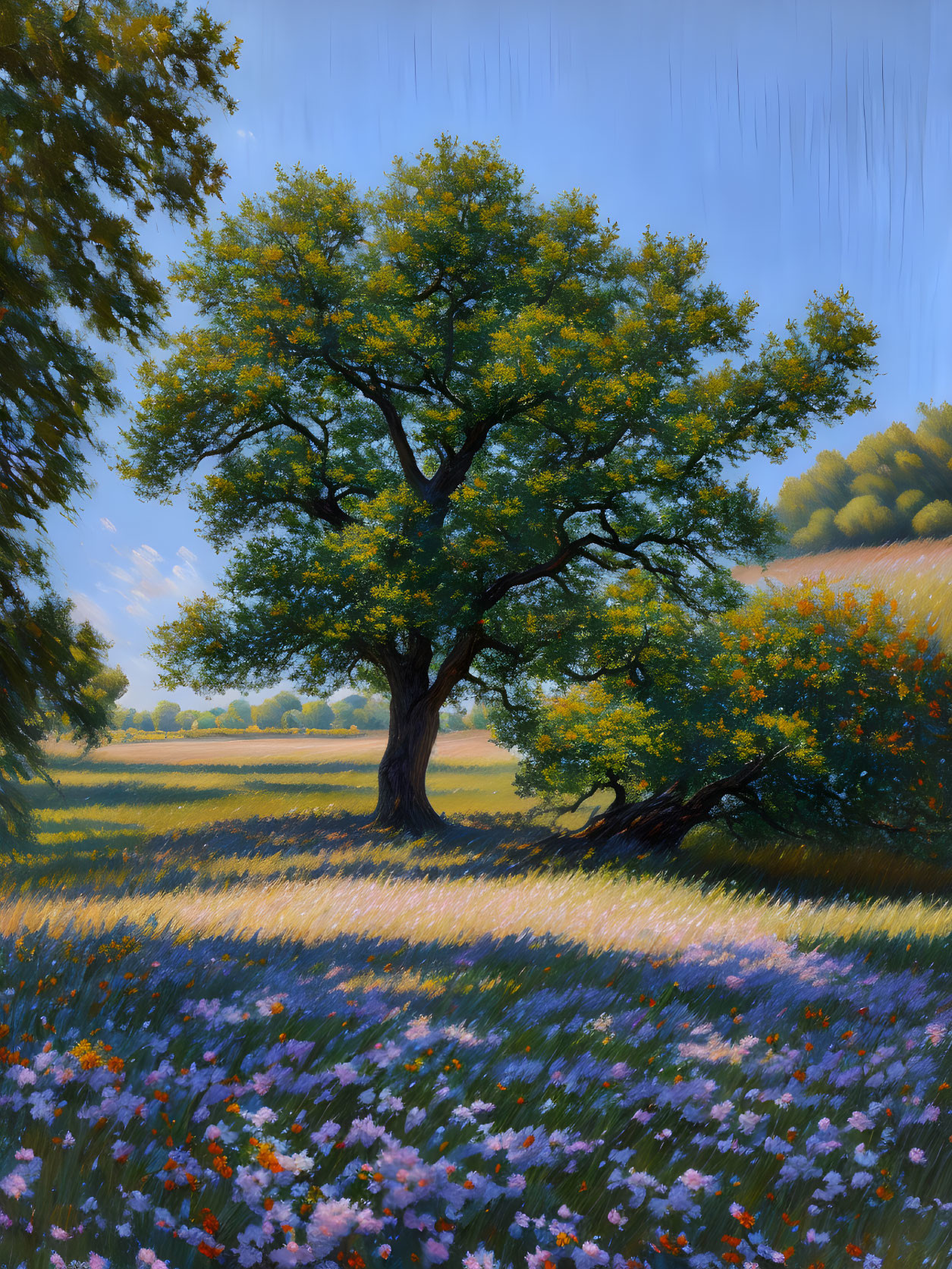 Solitary tree with lush green foliage in field of purple wildflowers