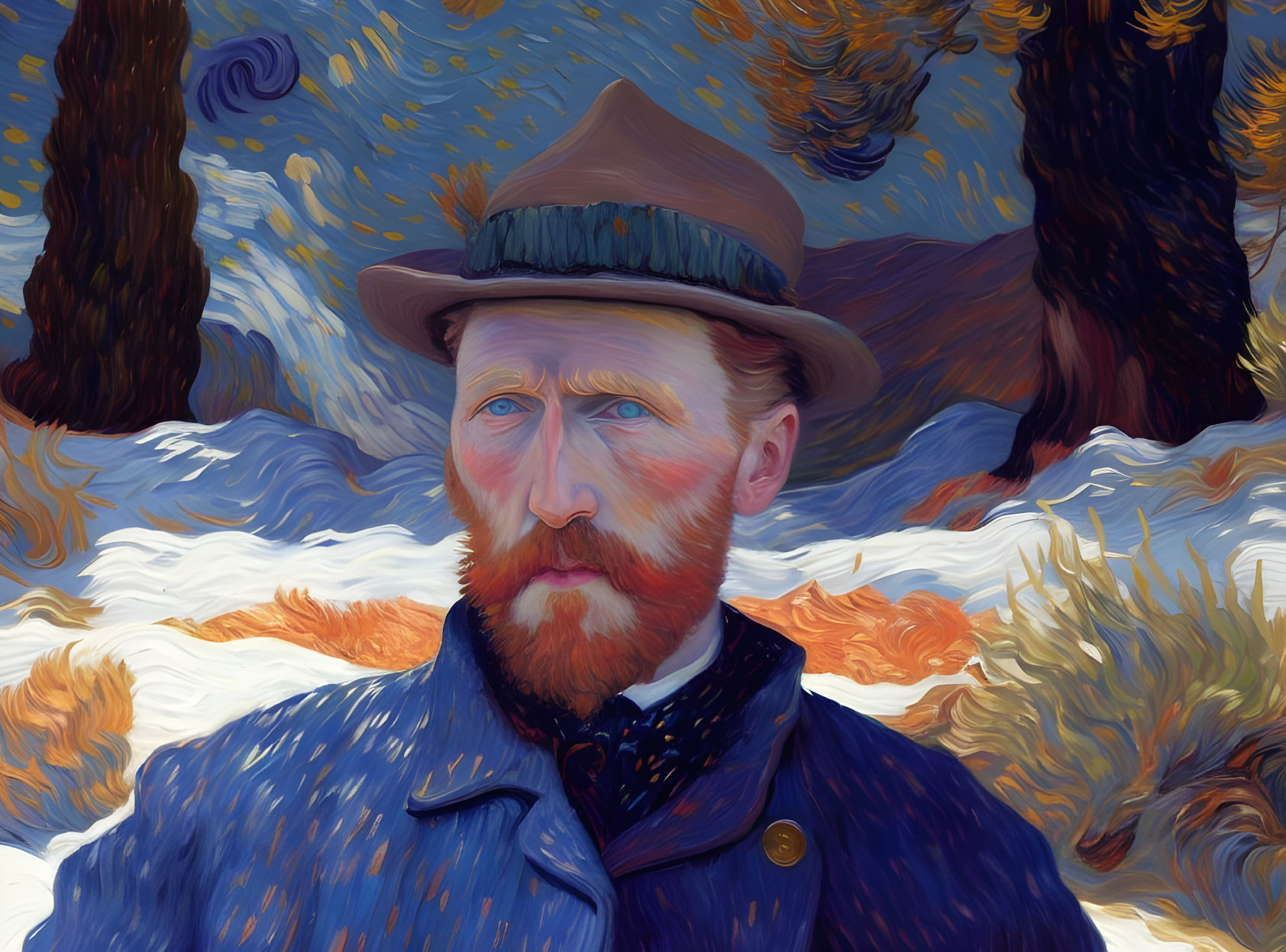 Stylized portrait of a bearded man with hat in Van Gogh-inspired painting