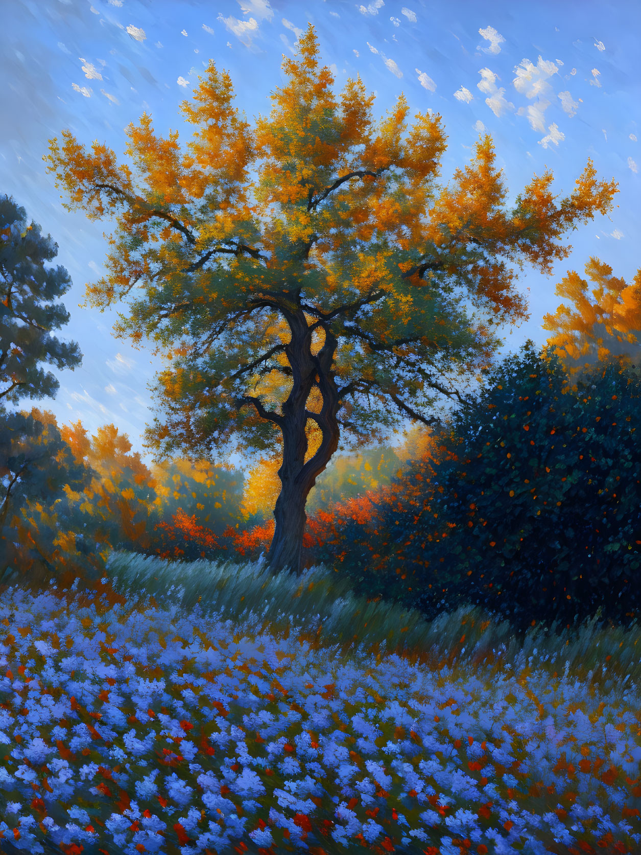 Solitary tree with golden leaves among blue wildflowers