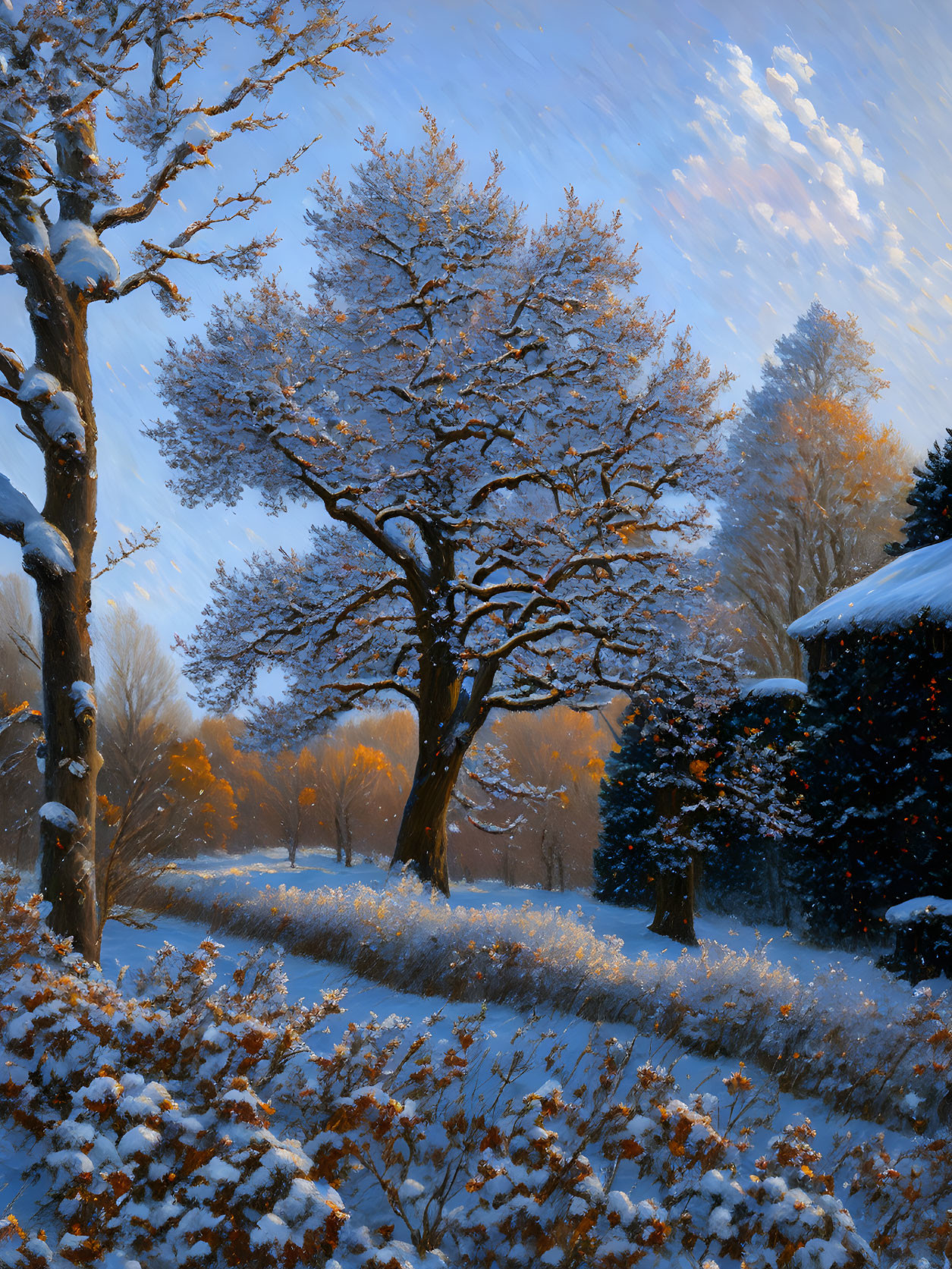 Snow-covered Winter Landscape with Trees and Bushes under Blue Sky