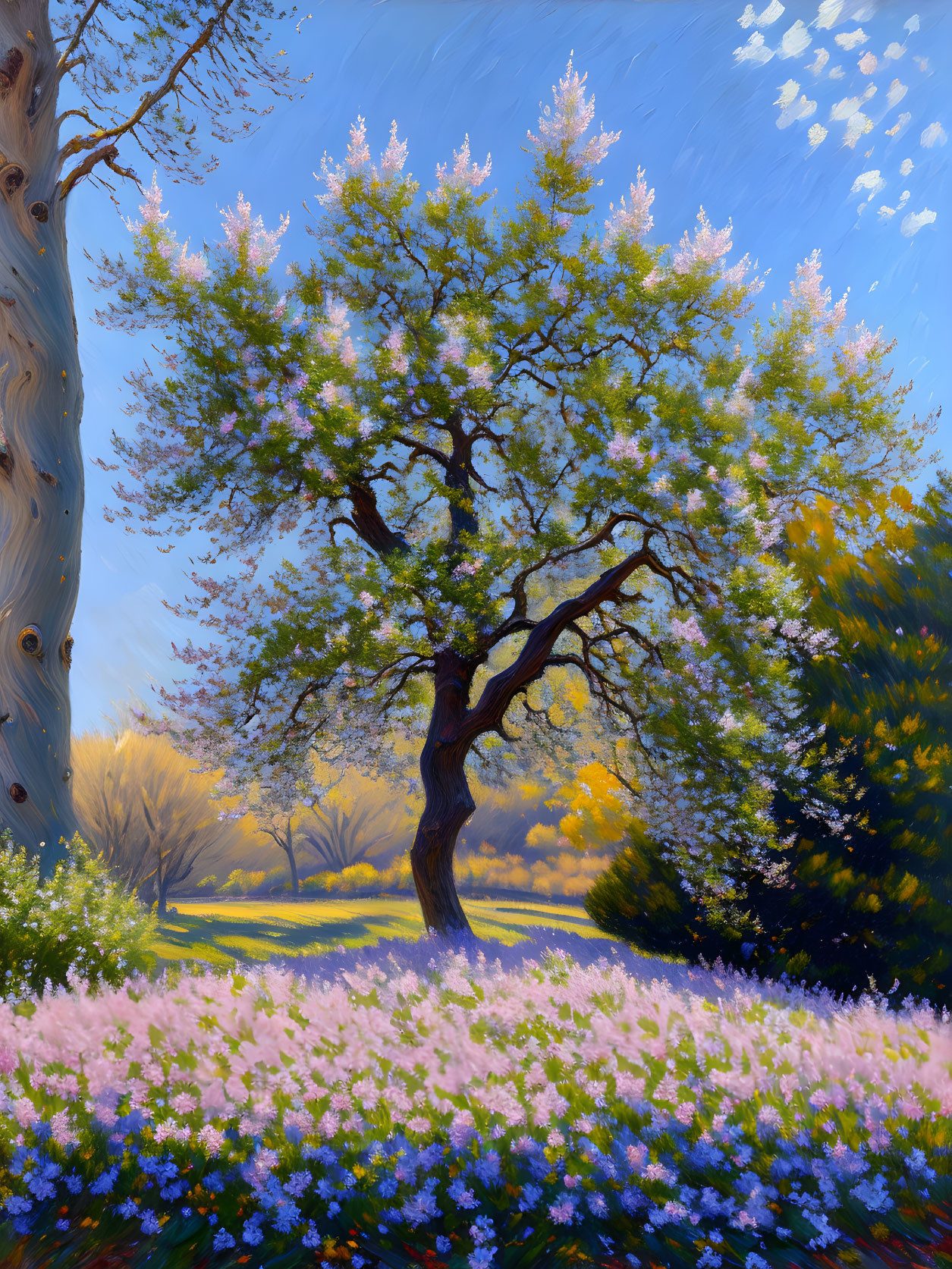 Colorful tree painting with blossoming flowers under blue sky and purple wildflowers.