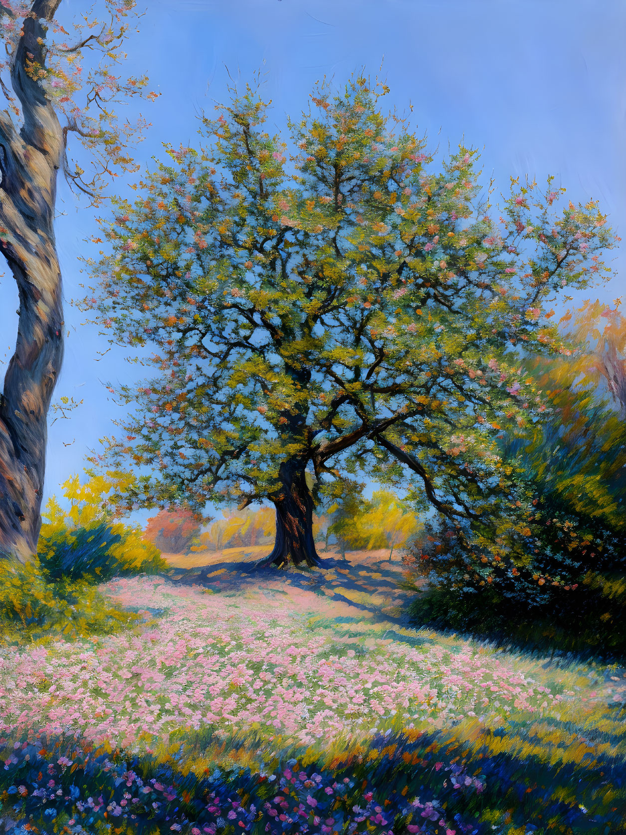 Colorful painting: imposing tree, lush canopy, blooming wildflowers, clear blue sky