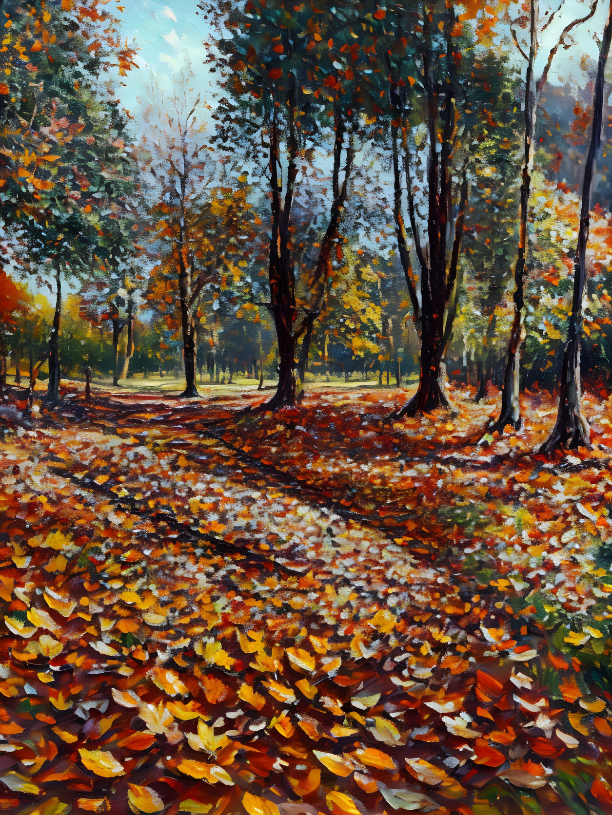 Autumnal scene with fallen leaves, tall trees, light and shadow interplay