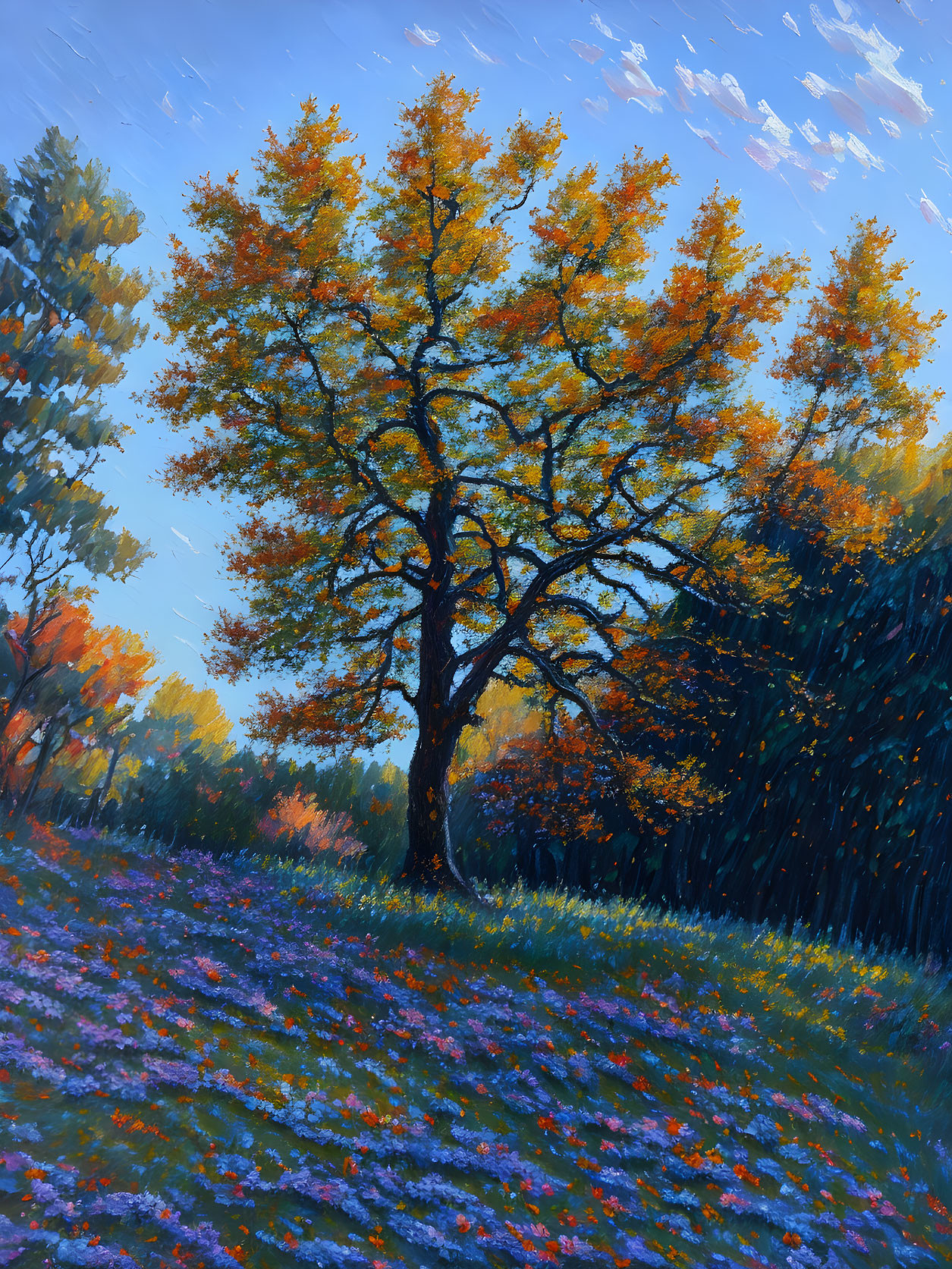 Colorful autumn painting: golden tree, purple flowers, blue and white sky