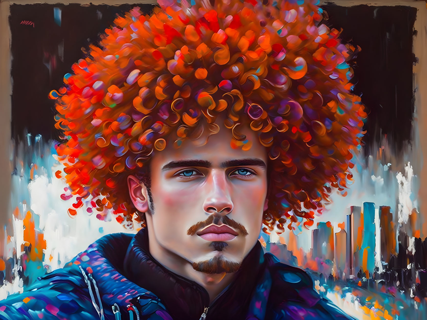 Colorful portrait of man with voluminous afro and blue jacket on abstract background