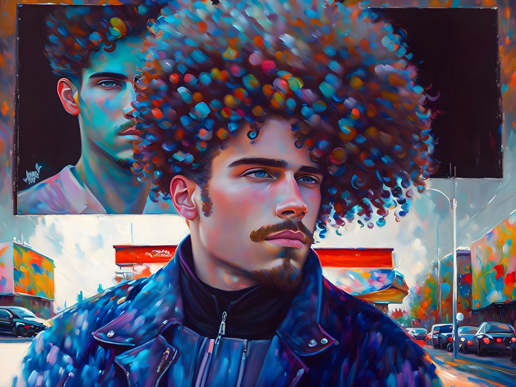 Colorful painting of man with curly hair and beard in blue jacket against urban backdrop.