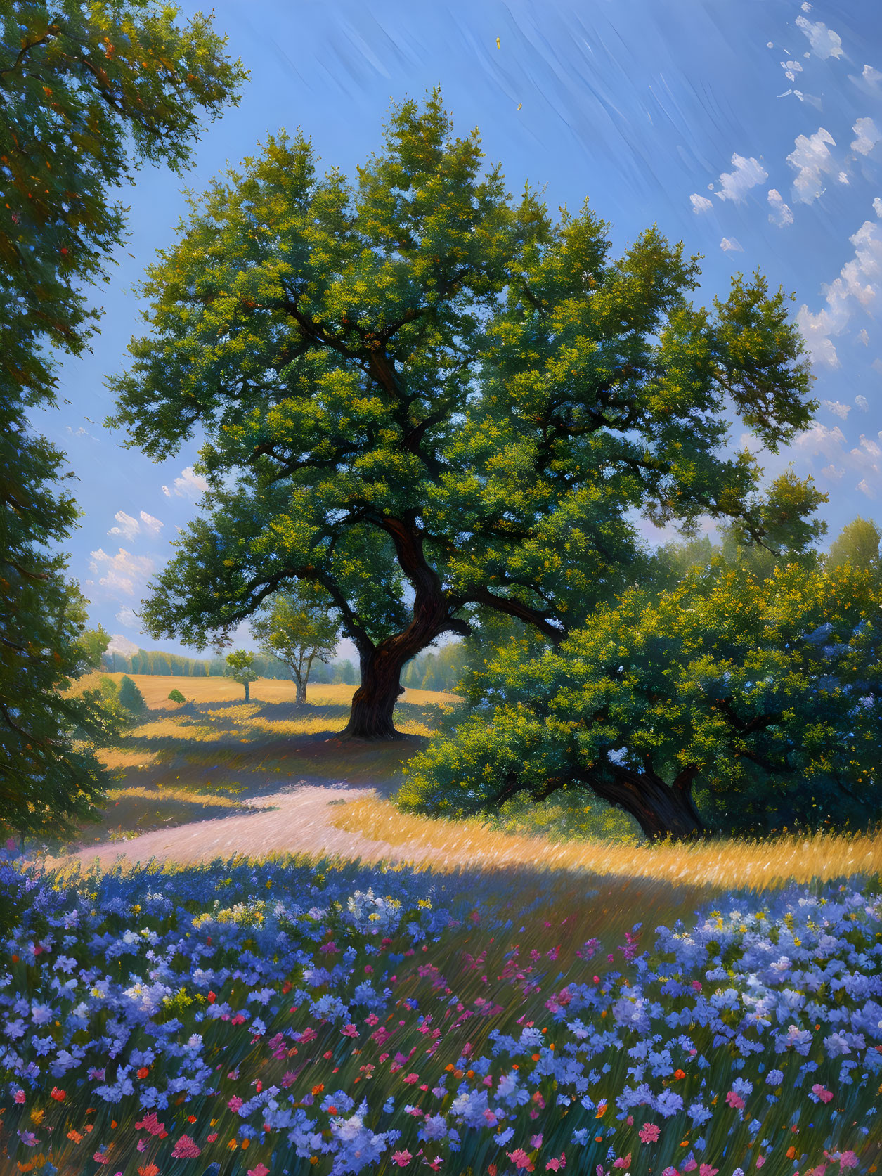 Colorful painting of lush tree in sunlit meadow with wildflowers under clear blue sky