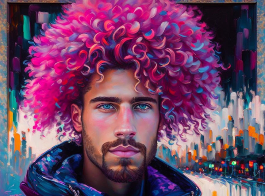 Colorful portrait: Pink and purple curly hair, blue eyes, cityscape backdrop