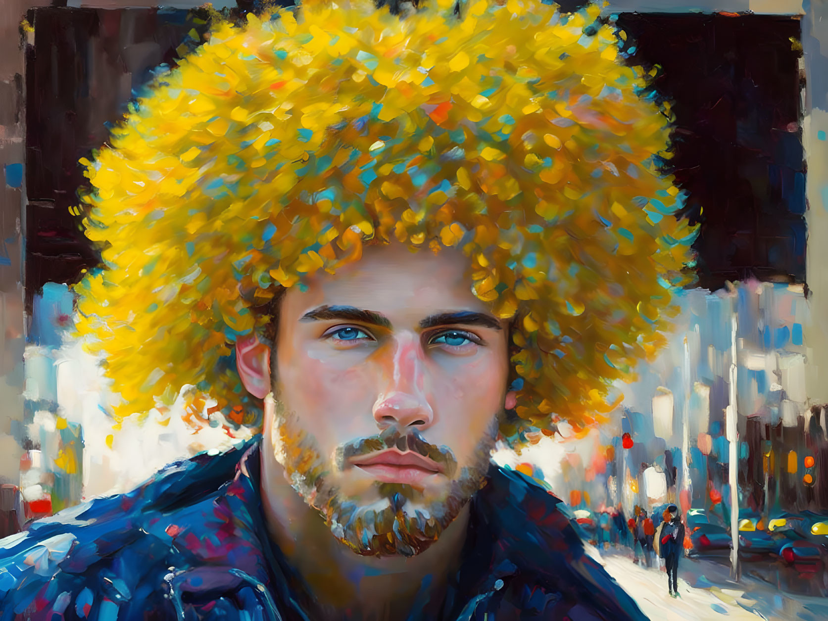 Portrait of a man with blue eyes, beard, yellow afro, against cityscape.