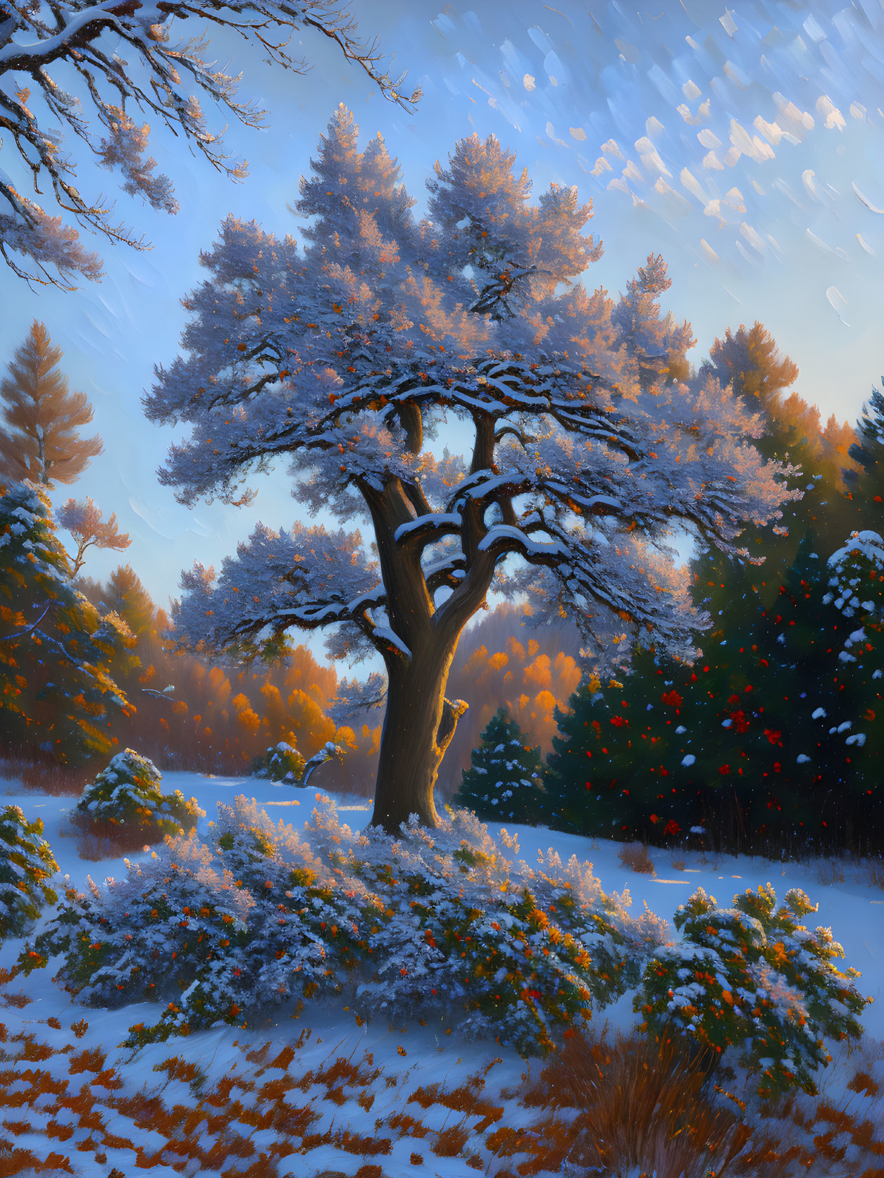 Majestic snow-covered tree in serene winter scene