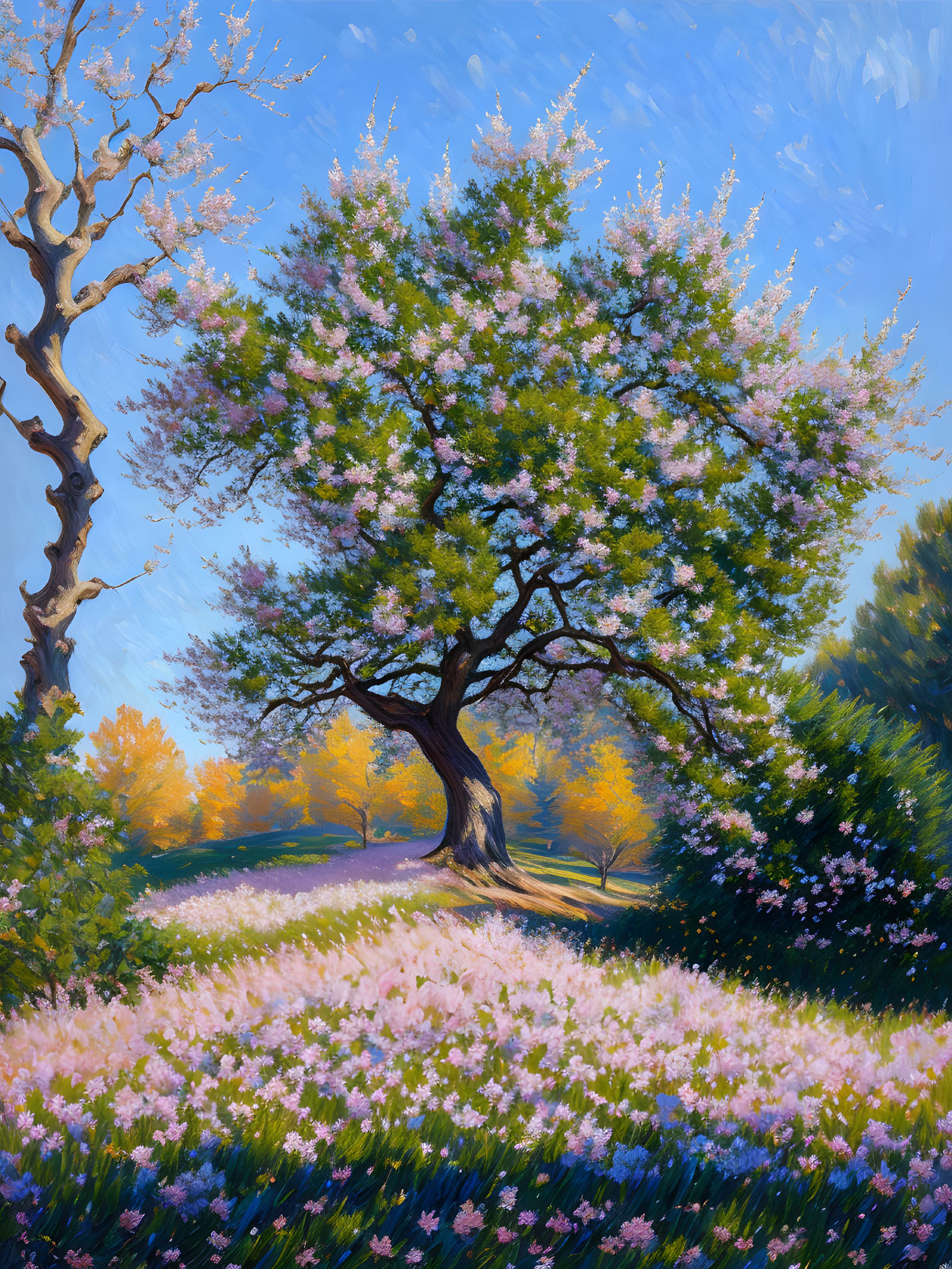 Colorful painting of blossoming tree in pink flower field