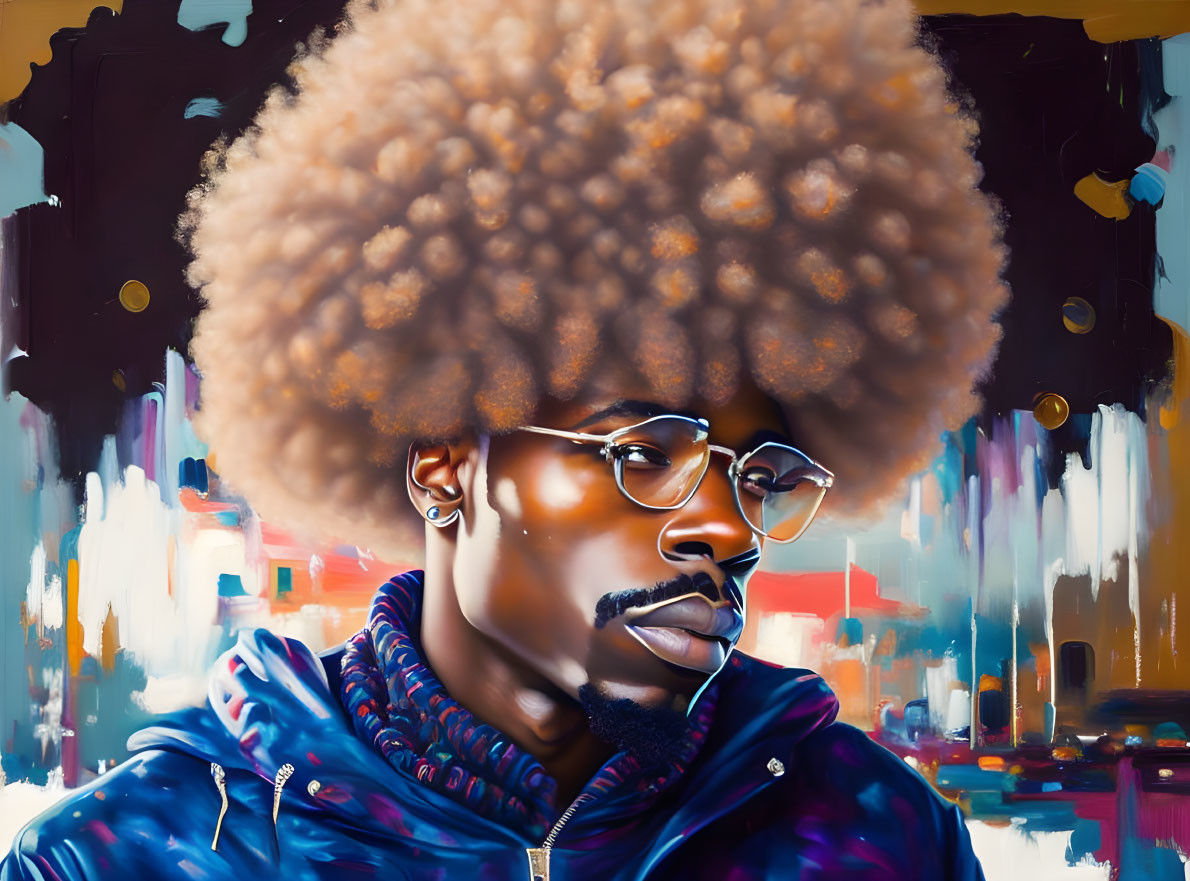 Colorful portrait of a man with afro, glasses, and headphones on abstract background