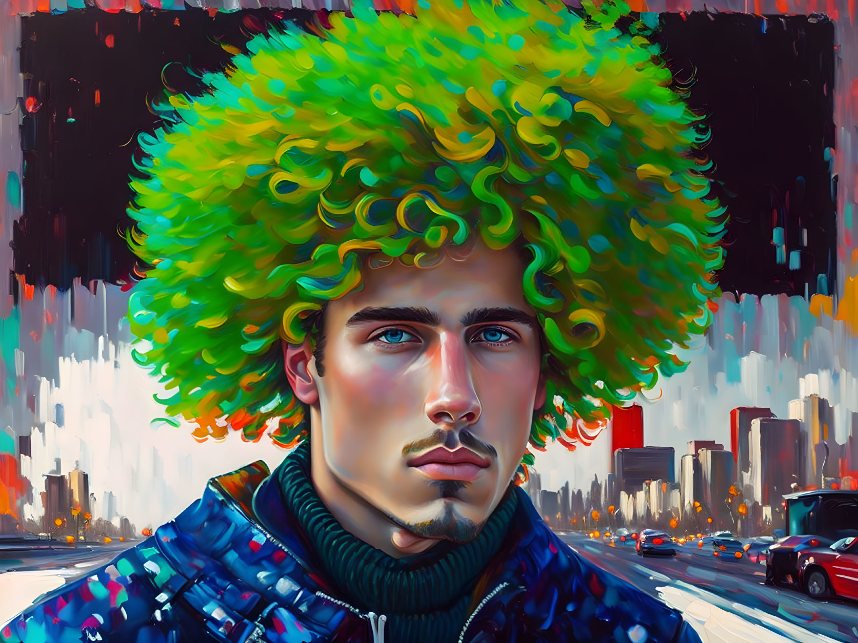 Man with Blue Eyes and Green Curly Hair in Colorful Cityscape