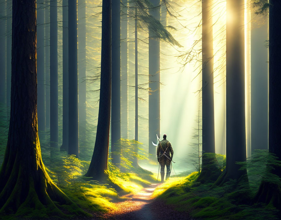 Hiker on forest path with sunlight and greenery