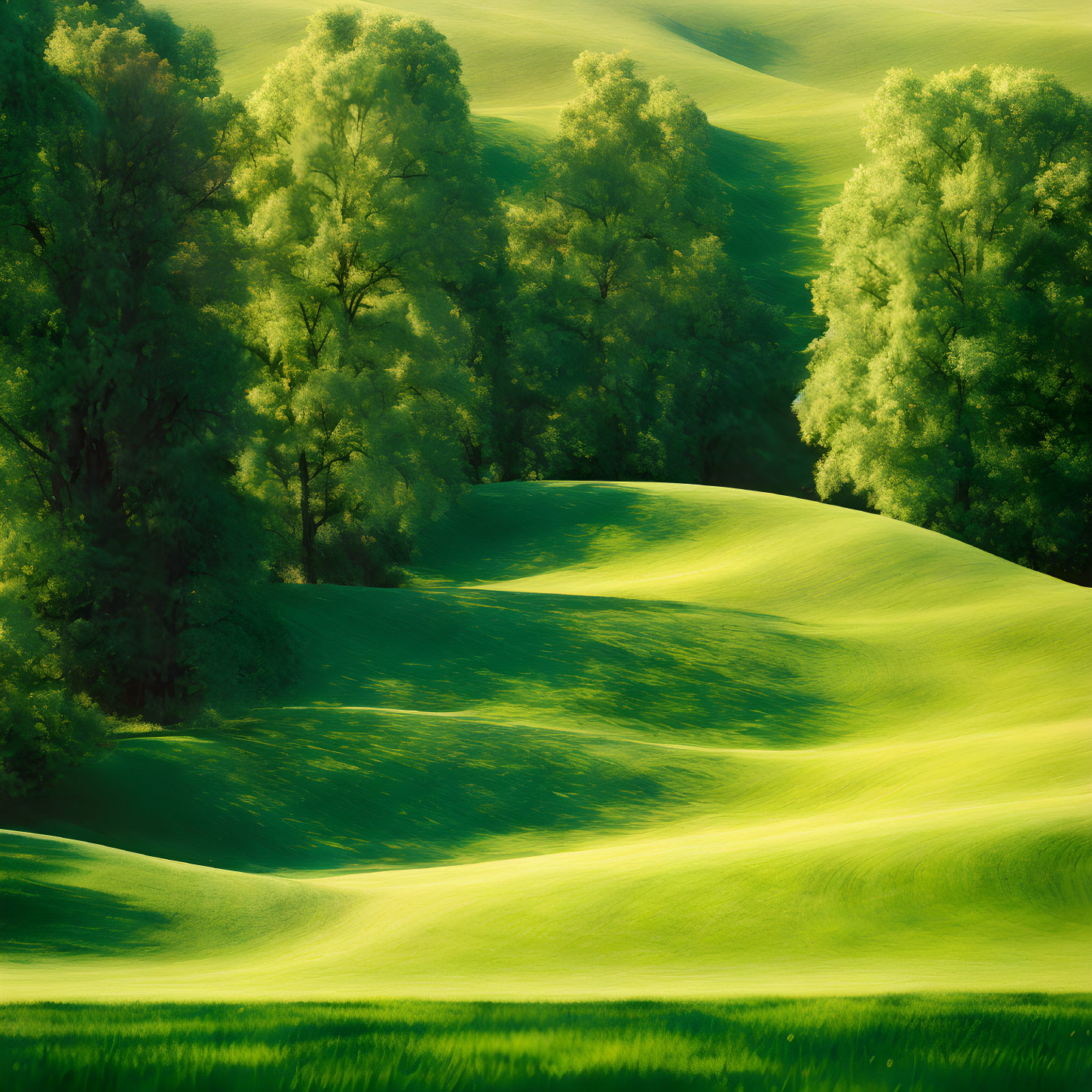 Serene landscape of lush green hills and golden sunlight