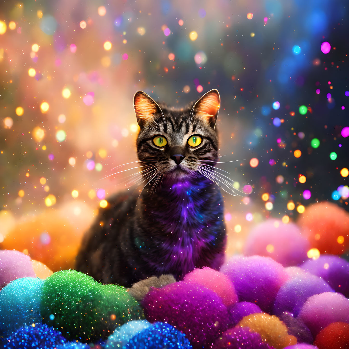 Tabby Cat with Green Eyes Among Colorful Pom-Poms on Bokeh Background