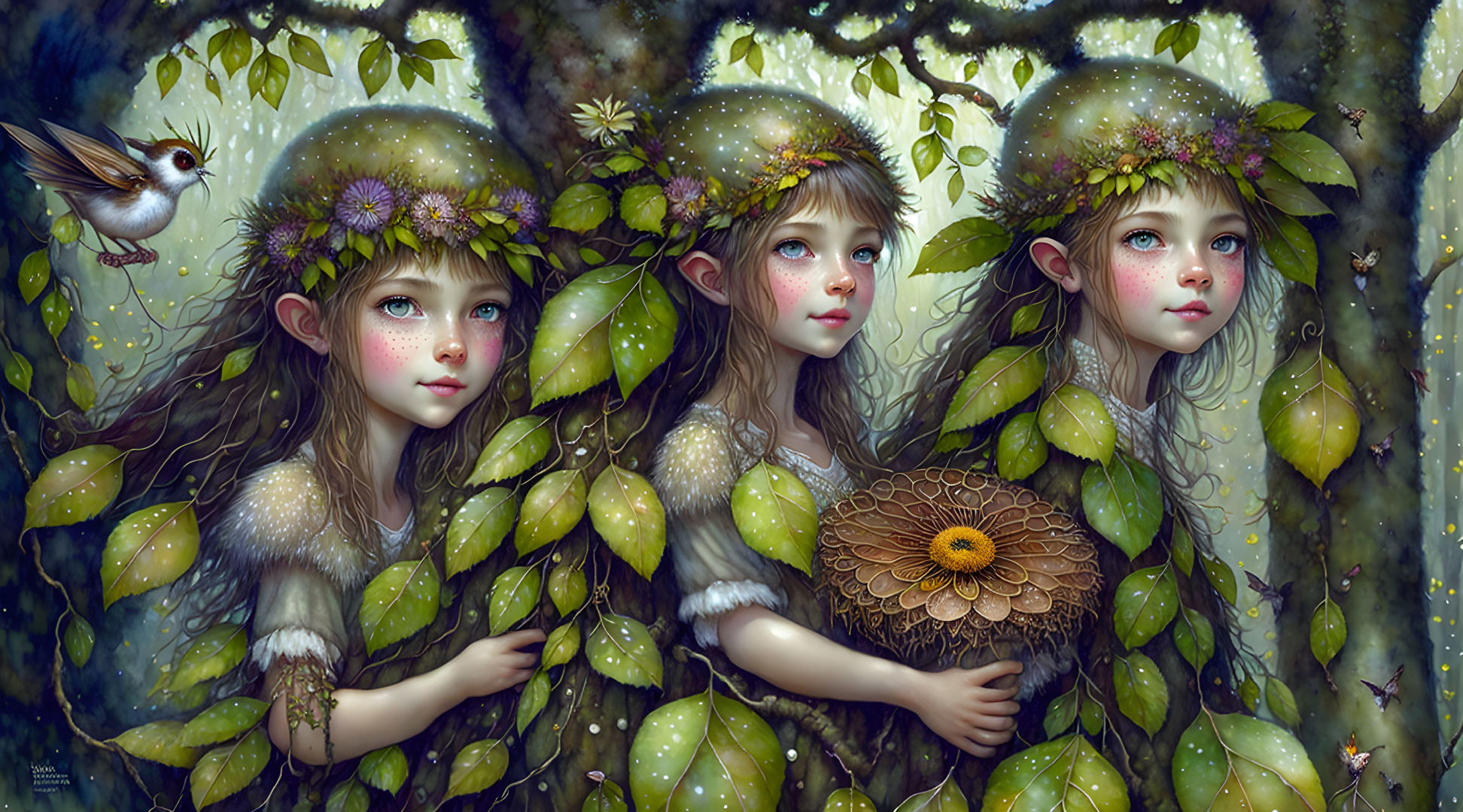 Ethereal figures with leafy adornments in lush greenery with a bird