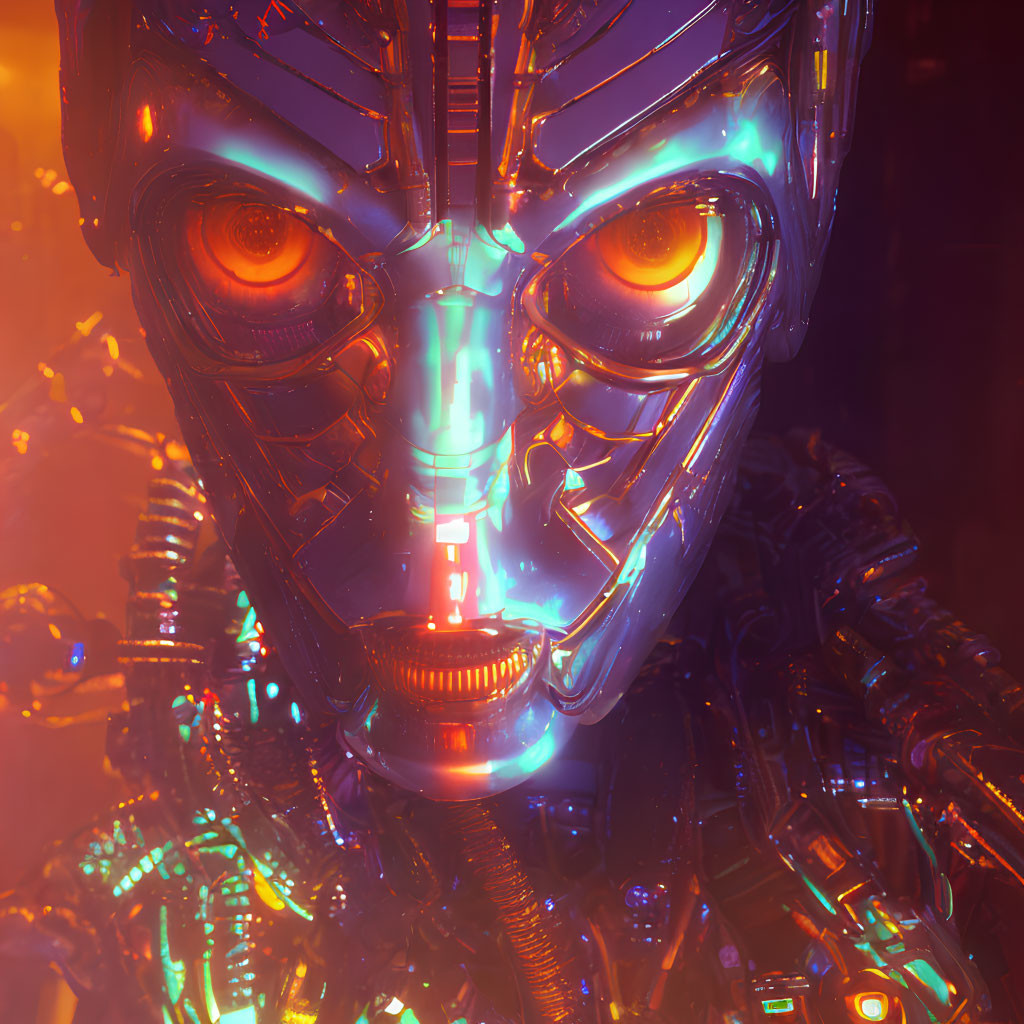 Detailed Robotic Face with Glowing Orange Eyes and Futuristic Design