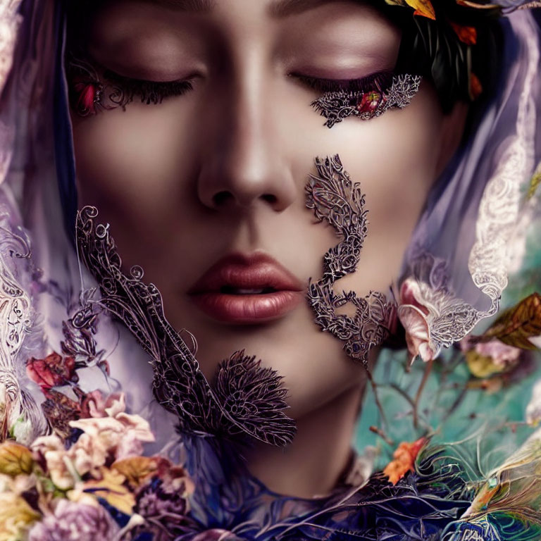 Detailed portrait of person with lace-like patterns and closed eyes, surrounded by floral fabric.