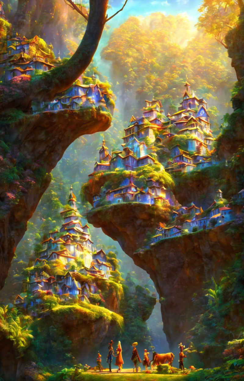 Asian-style Tree-Top Buildings on Cliff with Elephant in Mystical Forest