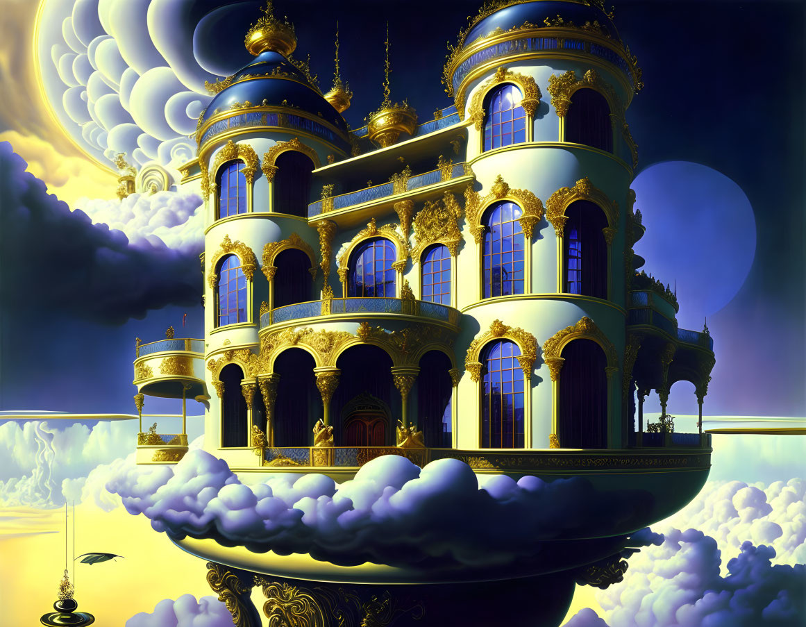 Golden palace floating on clouds in twilight sky with large moon