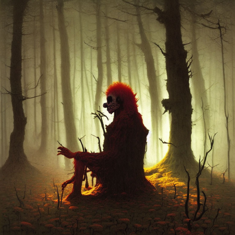 Mystical monkey-like creature with human skull face in foggy forest