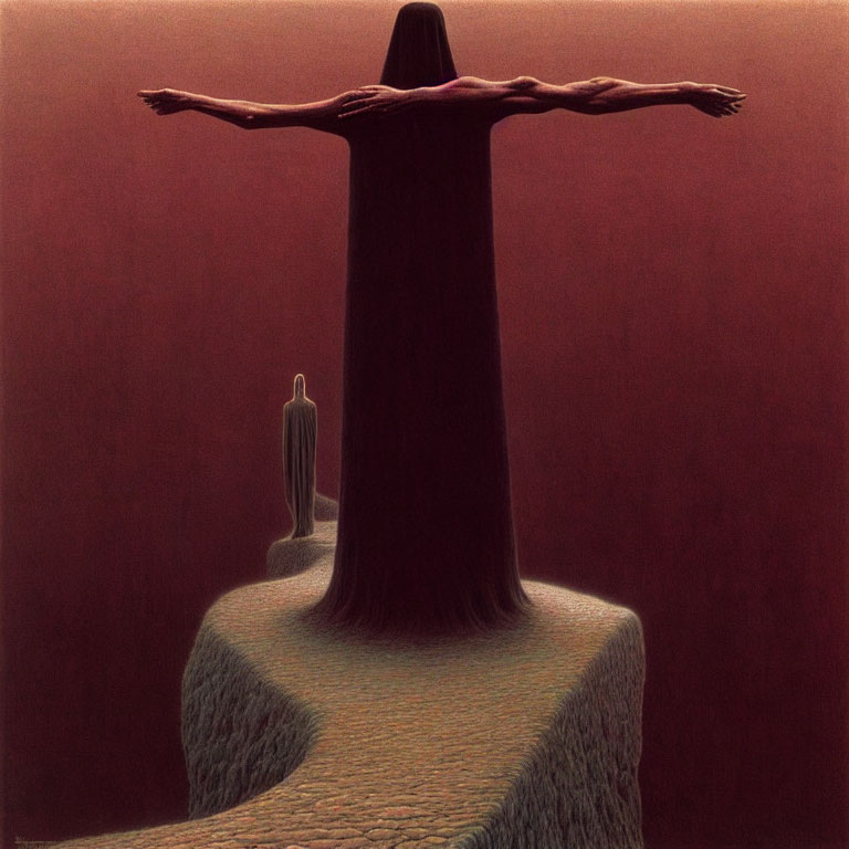 Surreal painting of figure with outstretched arms in flat landscape