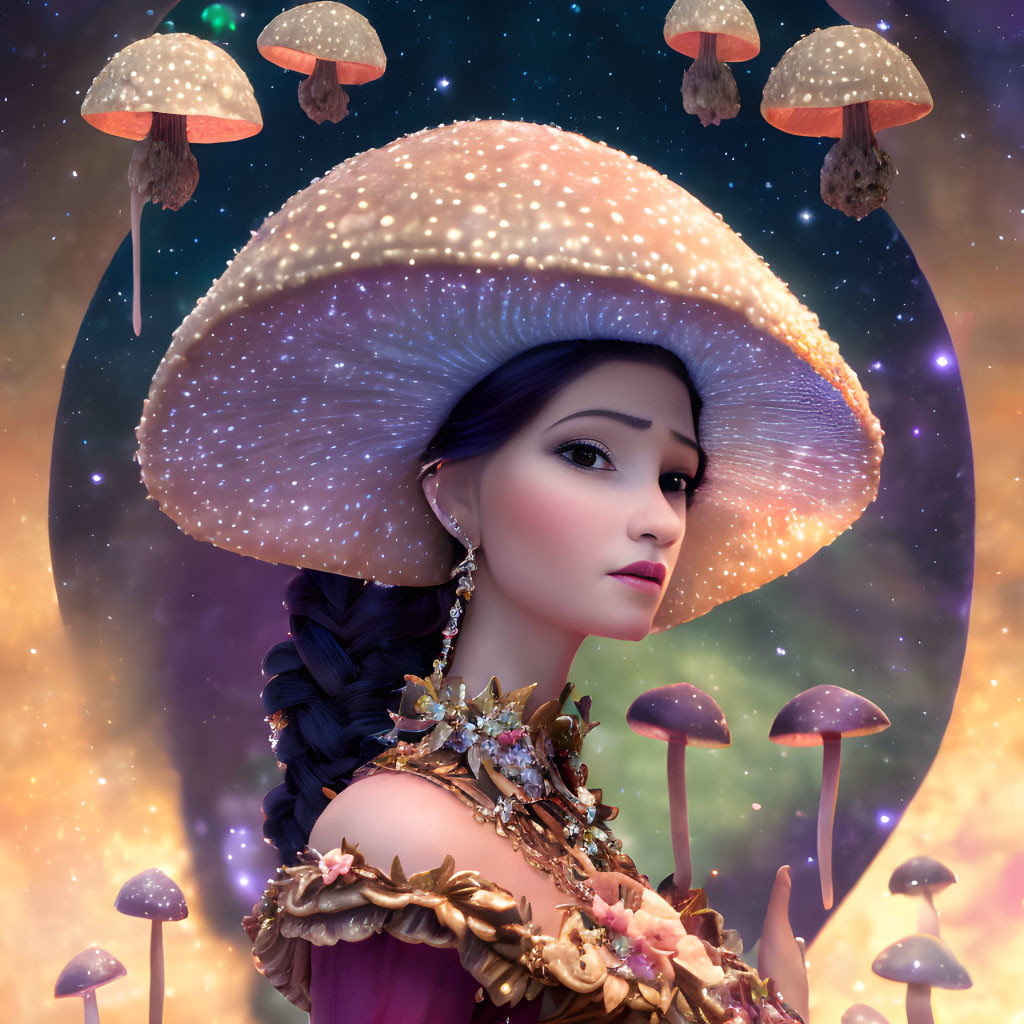 Woman in Mushroom Cap Hat Surrounded by Floating Mushrooms in Cosmic Setting