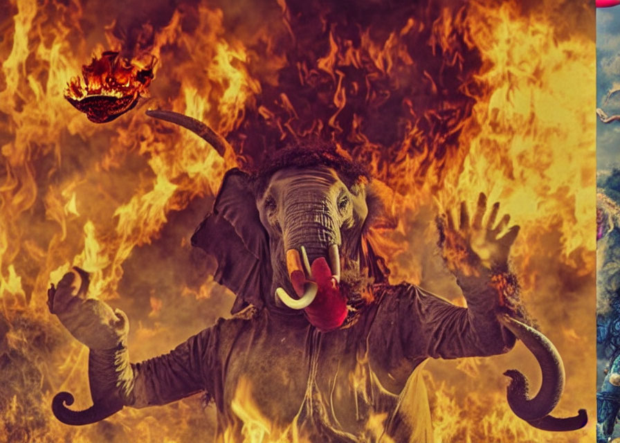 Person in Elephant Costume Surrounded by Flames and Flying Fiery Object