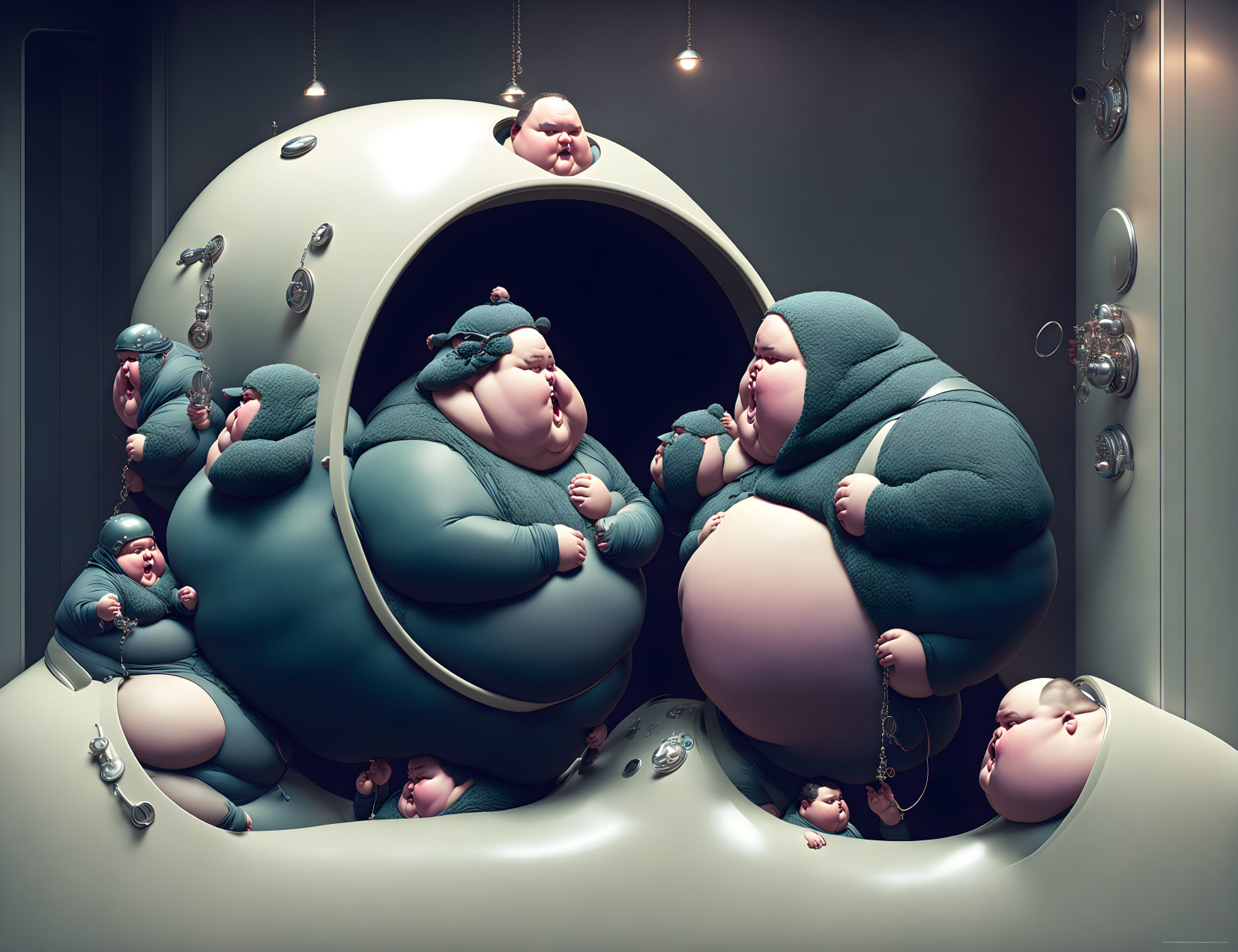 Colorful 3D Artwork: Oversized Cartoonish Figures in Tight, Comedic Setting