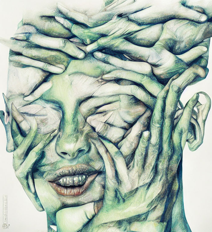 Intricate surreal illustration of person with interlocking hands