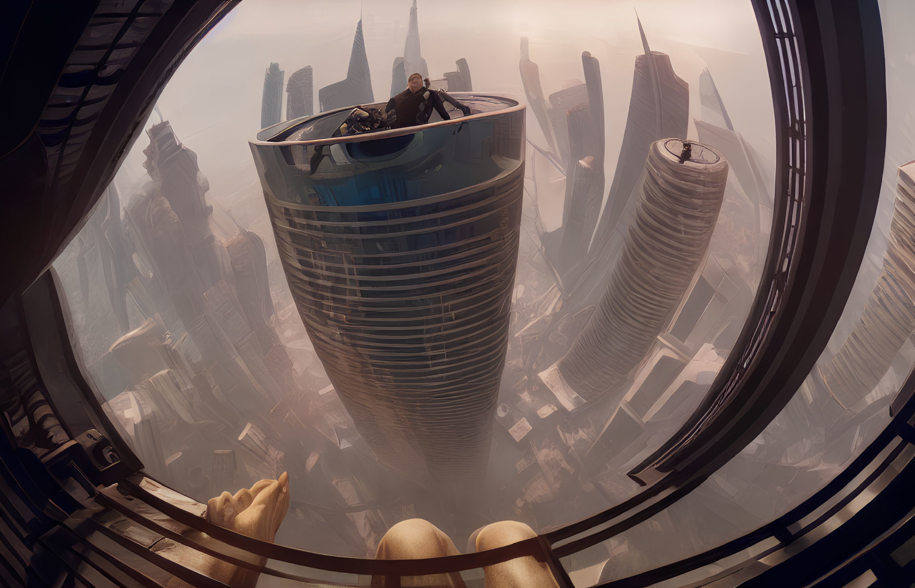 Futuristic cityscape view from high circular window