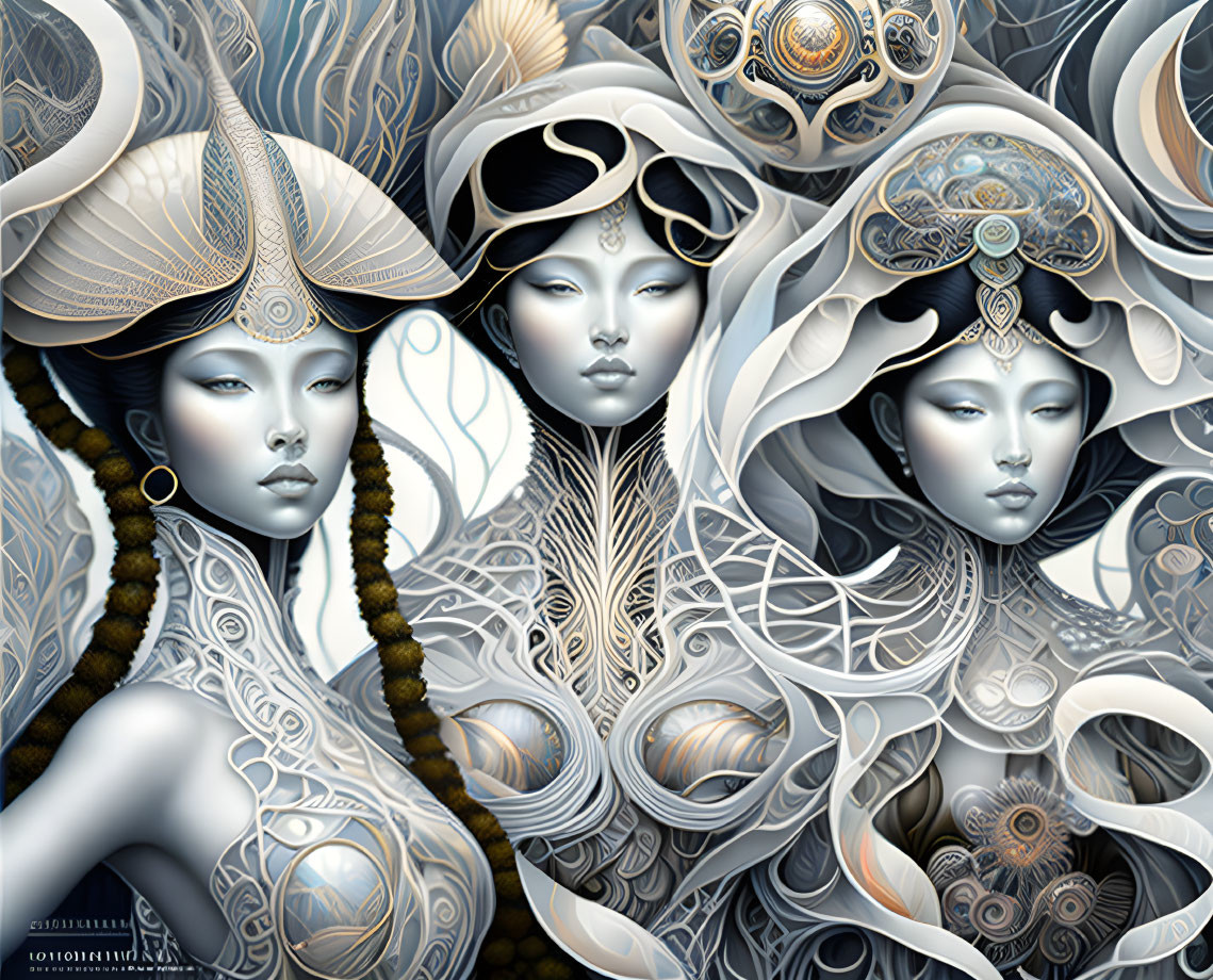 Intricately patterned faces with ornate headdresses on blue-grey background