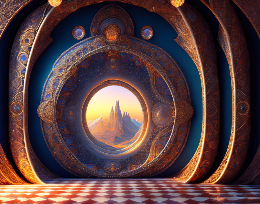 Surreal fractal tunnel with ornate, mandala-like patterns in blues and golds leading